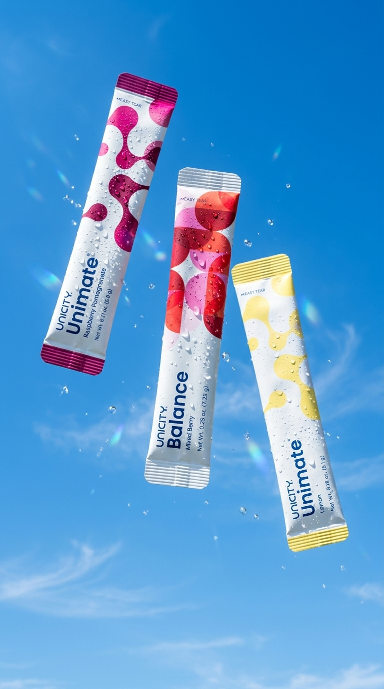 Three Unicity sachets floating against a bright blue sky