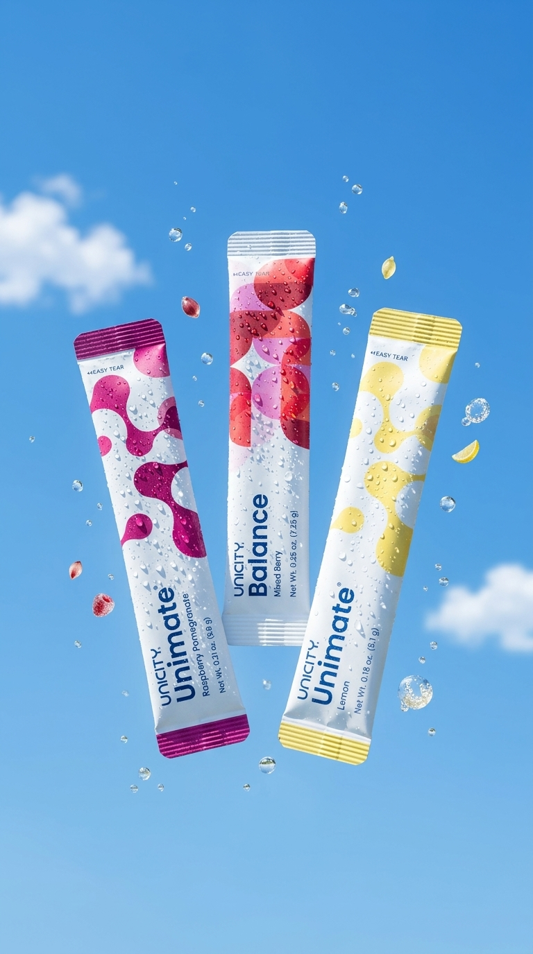 Unimate Raspberry Pomegranate, Balance Mixed Berry and Unimate Lemon against blue sky