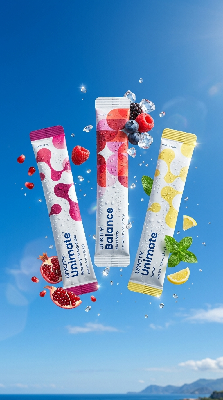 Unicity sachets with fresh berries, lemon and mint